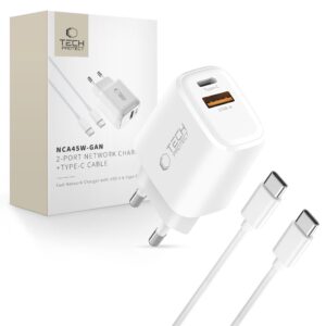MREŽNI PUNJAČ TECH-PROTECT NCA45W-GAN 2-PORT NETWORK CHARGER PD 45W / QC3.0 + TYPE-C CABLE WHITE